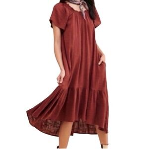 Maeve by Anthropologie Dress Large Rust Red Cotton Gauze Tiered Midi